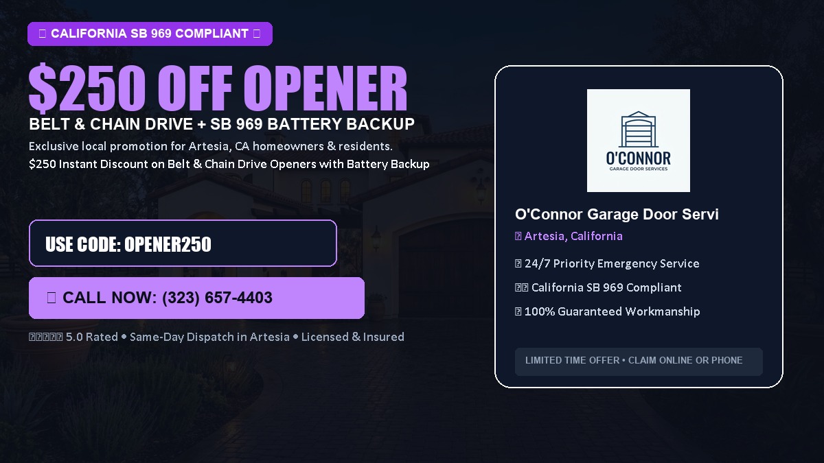 $250 OFF Smart Garage Door Opener Installation (Belt & Chain Drive with California SB 969 Battery Backup) in Artesia, CA